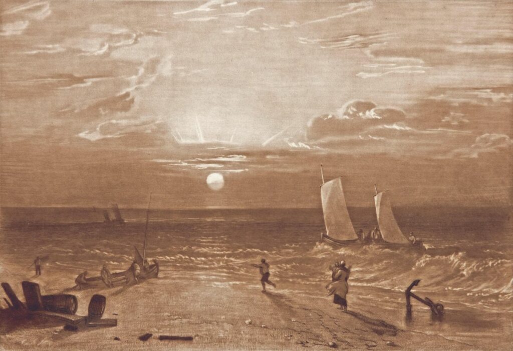 Peinture d'un coucher de soleil vu depuis la plage. Quelques personnes sont sur la plage, ainsi que des débris de tonneaux et une ancre. Des hommes s'affairent autour d'une barque échouée, tandis qu'un petit voilier approche dans les vagues.
