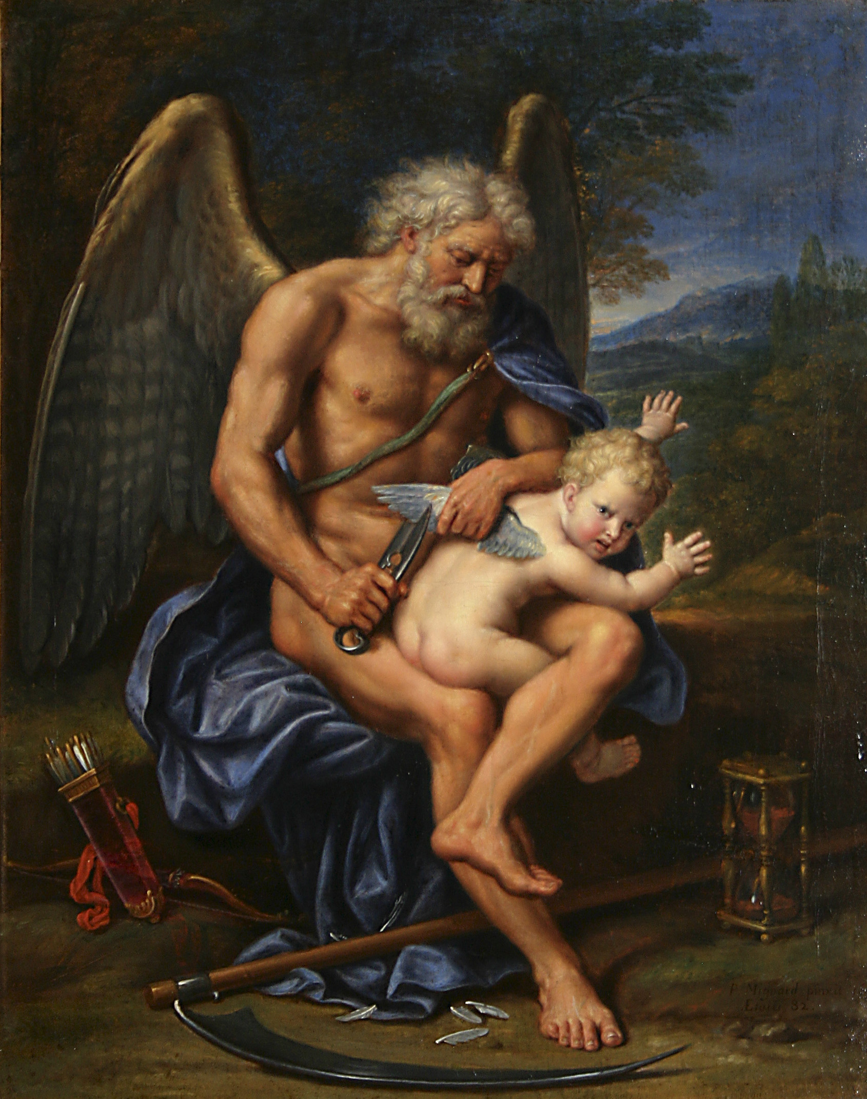 Chronos coupant les ailes de cupidon, peinture à l'huile.